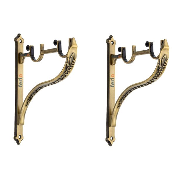 Ferio Double Curtain Brackets Zinc Antique Brass Rajwadi Designer Heavy Curtain Supports For Door And Window Curtain Brackets Set Holder For 1 Inch Rod 1 Set (Pack Of 2 Pcs)