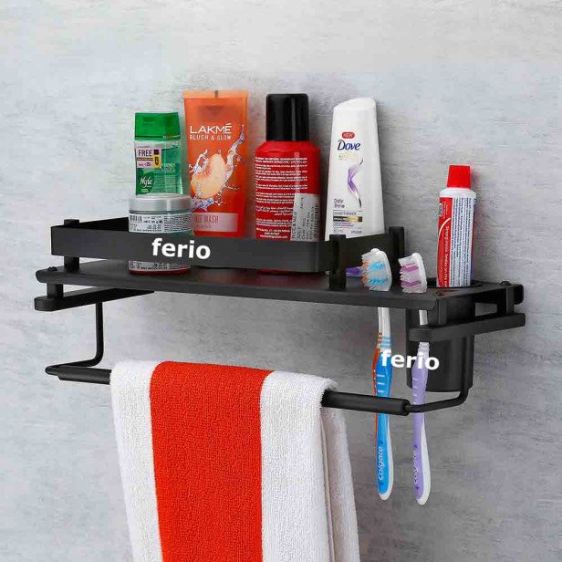 Ferio 3 in 1 Stainless Steel Multipurpose Bathroom Shelf / Shelves/Towel Bar | Napkin Holder | Tumbler Holder | Rack Bathroom Accessories for Home Black Finish (15*5 Inches) - Pack of 1