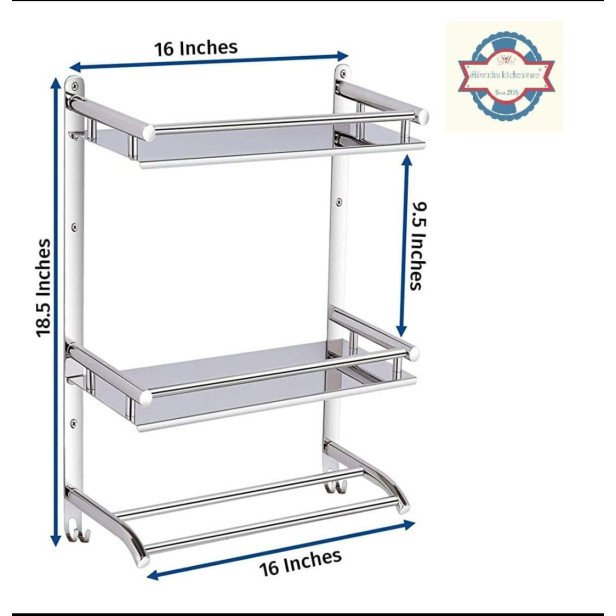 Ferio High Grade Stainless Steel Wall Mount Shelf 3 Tier Bathroom Shelf/Rack with Towel Holder/Towel Hooks/Bathroom Accessories Wall-Mount (Silver)