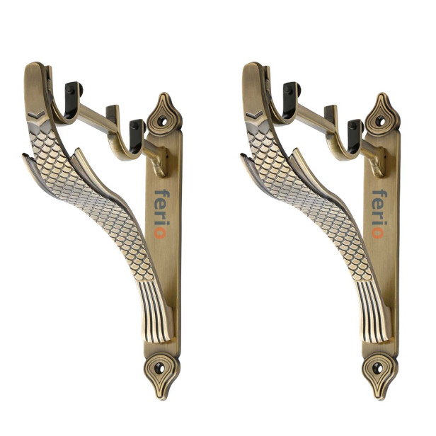 Ferio Double Curtain Rod Brackets Set | Curtain Double Support for 1 Inch Curtain Rod Holders Brass Antique Set of 2 Pic (Pack of 2)