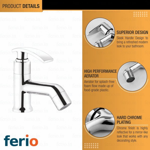 Ferio Fully Brass Pillar Single Lever Bib Cock Cello Model for Wash Basin Tap and Kitchen Sink Faucet with Brass Wall Flange & Teflon Tape for Basin Faucet, Bathroom & Kitchen Mirror Chrome Finish Pack of 1