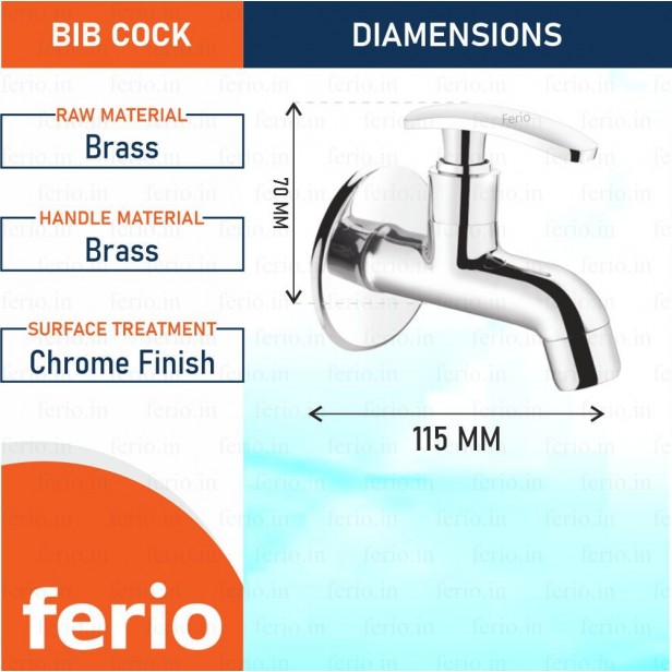 Ferio Brass Bib Cock Cello Model Bib Tap For Bathrooms, Washing Areas, Gardens, Wash Basin Tap Disc Quarter Turn Home Fitting Faucet Chrome Plated Pack Of 1 Pics ( Fully Brass )