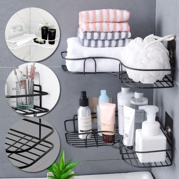 Arena Corner Bathroom Rack - Bathroom Corner Shelves - L Shape Kitchen Storage – Multipurpose Rack Shampoo Holder With - Adhesive Shower Caddy Metal Shelf Without Drilling (Black, Pack of 1)