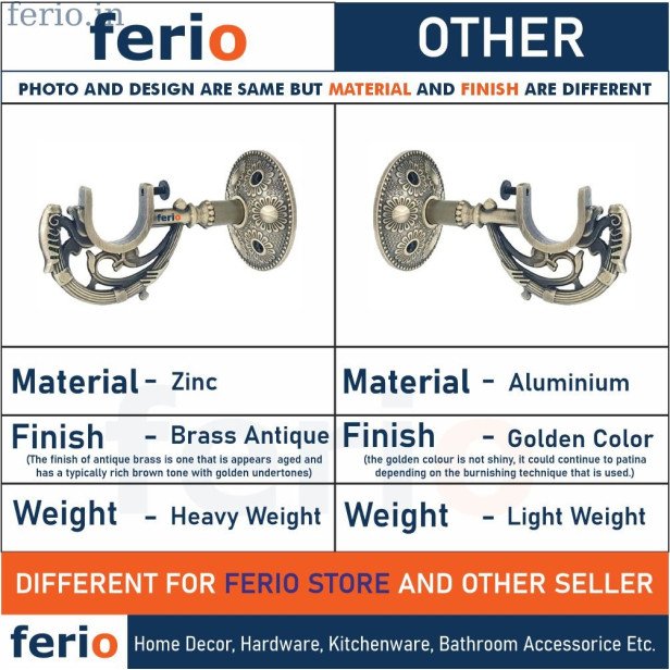 Ferio Zinc Antique Brass Rajwadi Designer Heavy Supports for Single Rod 1 Inch - 1 Pairs (2 Pcs) Curtain Brackets | Curtain Holders Set for Door and Window 