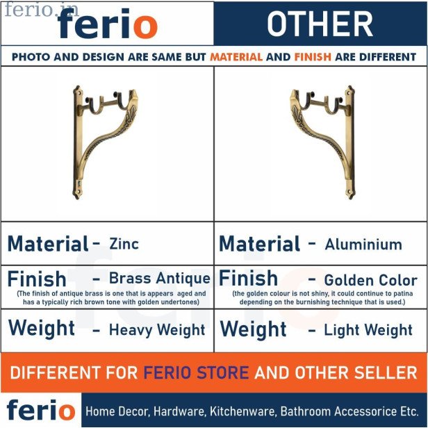 Ferio Double Curtain Brackets Zinc Antique Brass Rajwadi Designer Heavy Curtain Supports For Door And Window Curtain Brackets Set Holder For 1 Inch Rod 1 Set (Pack Of 2 Pcs)