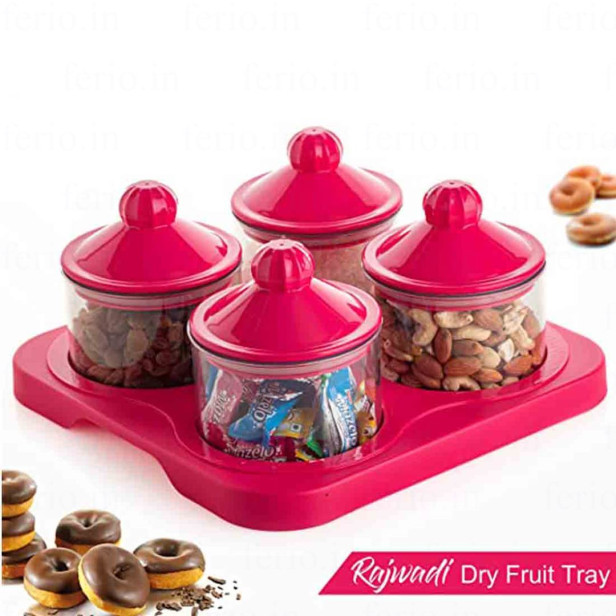 Ferio Rajwadi Dray Fruit Tray With Bowl Set, Airtight Container and Leak Proof Lid for Dryfruit, Snacks, Chocolate, Candy, Masala Bowl, Tray Multicolor Unbreakable (Pack Of 4 Bowl,1 Tray)