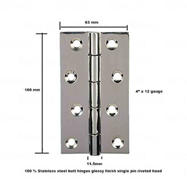 Ferio Premium Stainless Steel Door/Cabinet Butt Hinges 4 inch x 12 Gauge/2.5 mm Thickness Hinges for Door, Window, Cupboard, Cabinet (4"x12) Silver(Satin) Finish (Pack of 2)