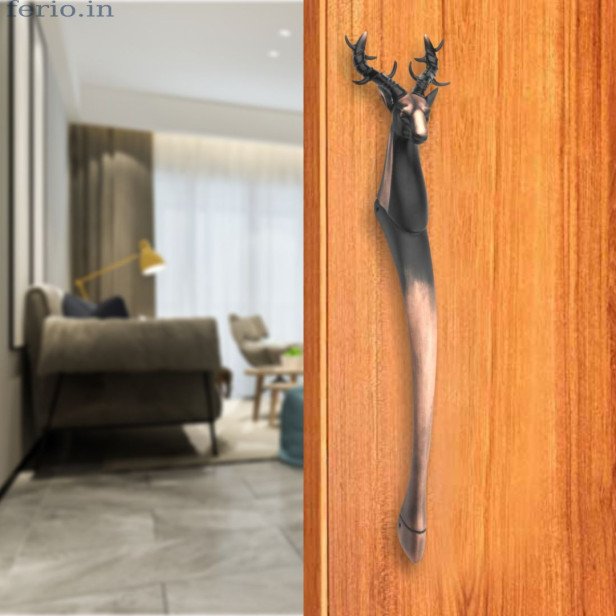 Ferio 12.5 inch 320mm Copper Matte Finish Deer Carved Main Door Handle| Home Décor | Door Décor| Brass Door Handle Kitchen and All Types Wooden Furniture Doors/Drawer Handle for Home/Hotel/Office Drawer Handle Window Handle Pack Of 1