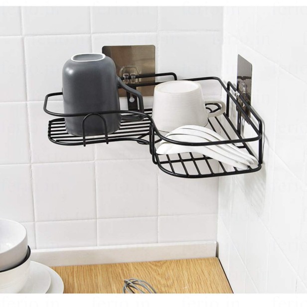 Arena Corner Bathroom Rack - Bathroom Corner Shelves - L Shape Kitchen Storage – Multipurpose Rack Shampoo Holder With - Adhesive Shower Caddy Metal Shelf Without Drilling (Black, Pack of 1)