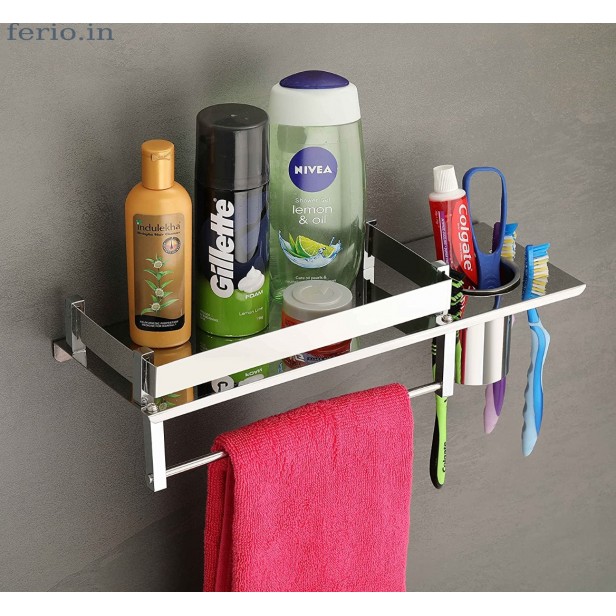 Ferio Stainless Steel 3 in 1 Multipurpose Bathroom Shelf/Rack/Towel Hanger/Tumbler Holder/Bathroom Accessories (15 x 6 Inches) - Pack of 1