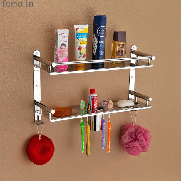 Ferio Stainless Steel 5 in 1 Bathroom Shelf Shelves Tumbler Holder | Towel Bar and Toothpaste Stand and Napkin Hanger Bathroom Accessories Silver - ( 16*5 Inch - Pack of 1 )