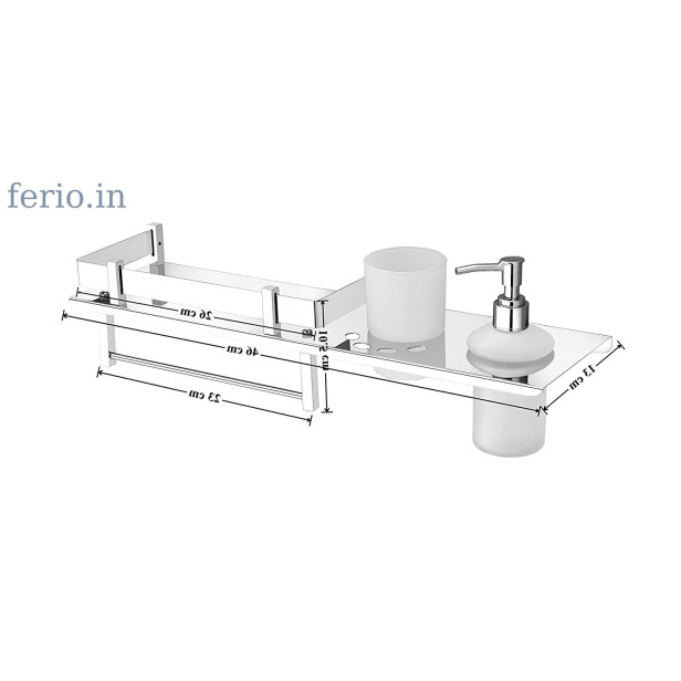 Ferio 4 in 1 Stainless Steel Bathroom Shelf Tumbler Holder, Toothbrush Holder, Liquid Soap Dispenser, Towel Hanger Rod, Bathroom Accessories (18 x 5 inches)