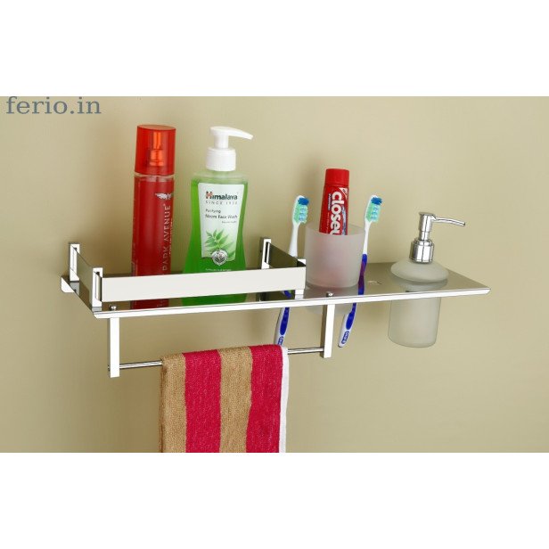 Ferio 4 in 1 Stainless Steel Bathroom Shelf Tumbler Holder, Toothbrush Holder, Liquid Soap Dispenser, Towel Hanger Rod, Bathroom Accessories (18 x 5 inches)