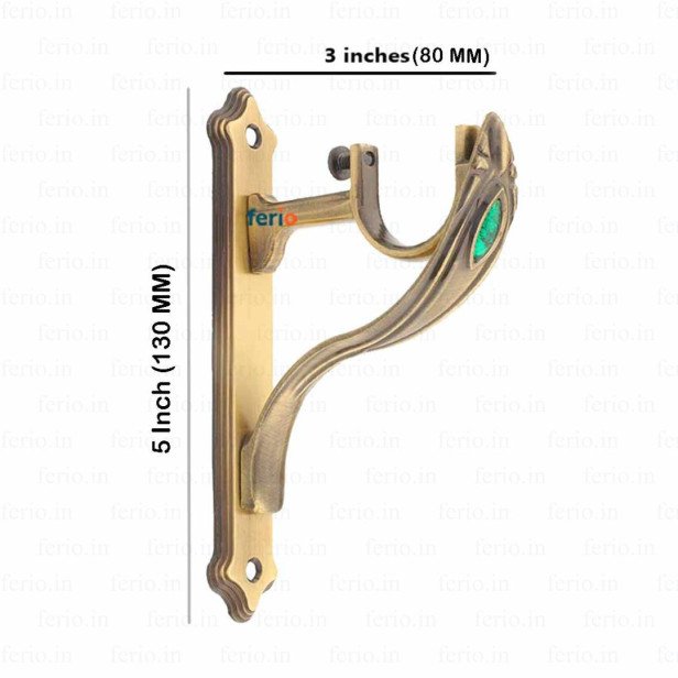 Ferio Curtain Bracket Support with Green Stone Zinc Alloy New Design for Door and Windows Bathroom Fitting for 1 Inch Rod Size for Home Décor Brass Antique (Pack of 2)