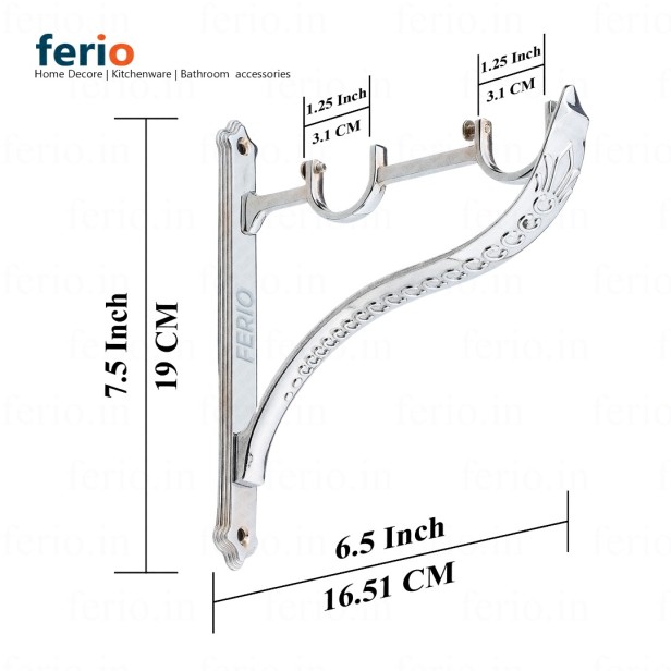 Ferio Double Curtain Brackets Zinc Chrome Rajwadi Designer Heavy Curtain Supports For Door And Window Curtain Brackets Set Holder For 1 Inch Rod 1 Set (Pack Of 2 Pcs)