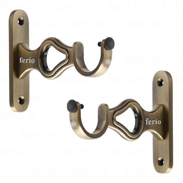 Ferio Decorative Curtain Rod Holder Brackets Parda Holders with Support 1 Inch Rod Pocket Finials Door and Window Fittings for Home Decor Brass Antique (Pack of 2)