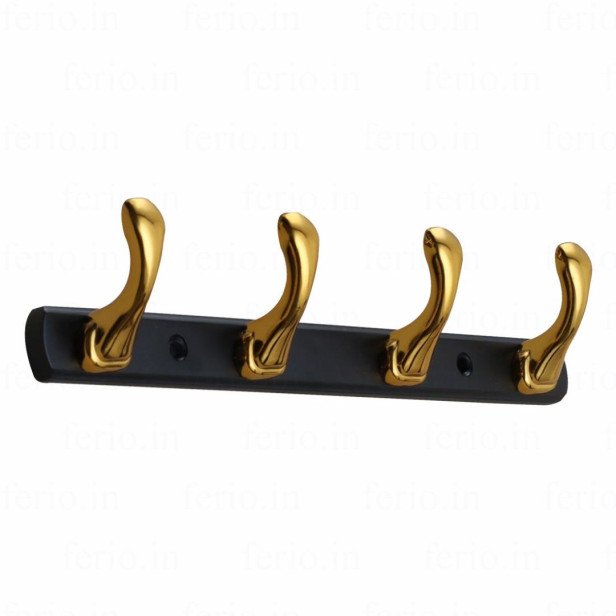 Ferio 4 Pin Bathroom Cloth Hooks Hanger Door Wall Bedroom Bathroom Robe Hooks Rail For Hanging Keys, Clothes, Towel Steel Hook (Black And Gold) (Pack Of 1)