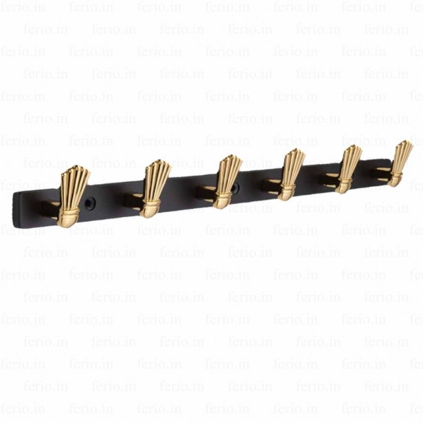 Ferio Zinc 6 Pin Bathroom Cloth Hooks Hanger Wall Bedroom Robe Hooks Rail for Hanging Keys, Clothes, Towel Hook Black And Gold Finish (Pack Of 1)