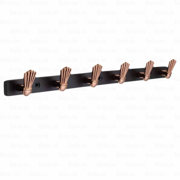 Ferio Zinc 6 Pin Heavy Duty Bathroom Cloth Hooks Hanger Wall Bedroom Bathroom Robe Hooks Rail for Hanging Keys, Clothes, Towel Hook Black & Rose Gold Finish (Pack Of 1)