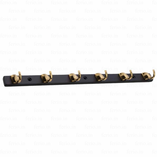 Ferio 6 Pin Bathroom Cloth Hooks Zinc Alloy Hanger Door Wall Bedroom Robe Hooks Rail for Hanging Keys, Clothes, Towel Steel Hook Black & Gold (Pack of 1),