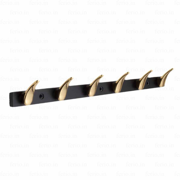 Ferio 6 Pin Bathroom Cloth Hanger Zinc Alloy Wall Mounted Bedroom Cloth Hanger Cloth Wall Hook, Door Hooks Rail for Hanging Keys, Clothes, Towel Black & Gold (Pack Of 1)