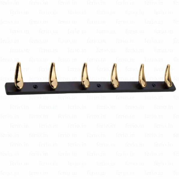 Ferio 6 Pin Bathroom Cloth Hanger Zinc Alloy Wall Mounted Bedroom Cloth Hanger Cloth Wall Hook, Door Hooks Rail for Hanging Keys, Clothes, Towel Black & Gold (Pack Of 1)