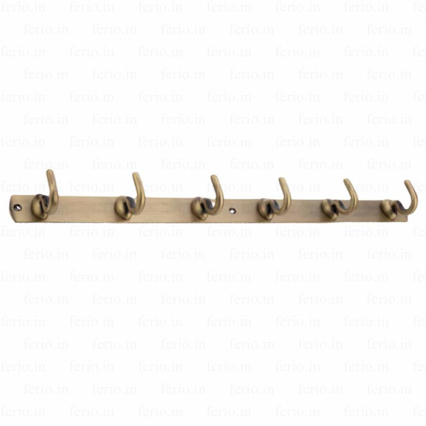 Ferio 6 Pin Bathroom Cloth Hanger Zinc Wall Mounted Bedroom Cloth Hanger, Cloth Wall Hook, Door Hooks Rail for Hanging Keys, Clothes, Towel Brass Antique (Pack of 1)