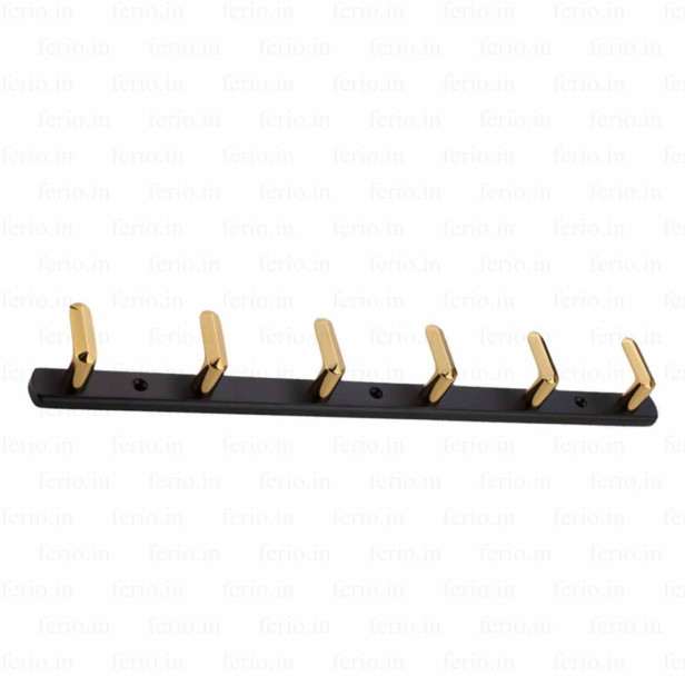 Ferio 6 Pin Bathroom Cloth Hooks Hanger Door Wall Bedroom Kitchen Multipurpose Use For Robe Hooks Rail for Hanging Clothes, Towel Black & Gold (Pack Of 1)