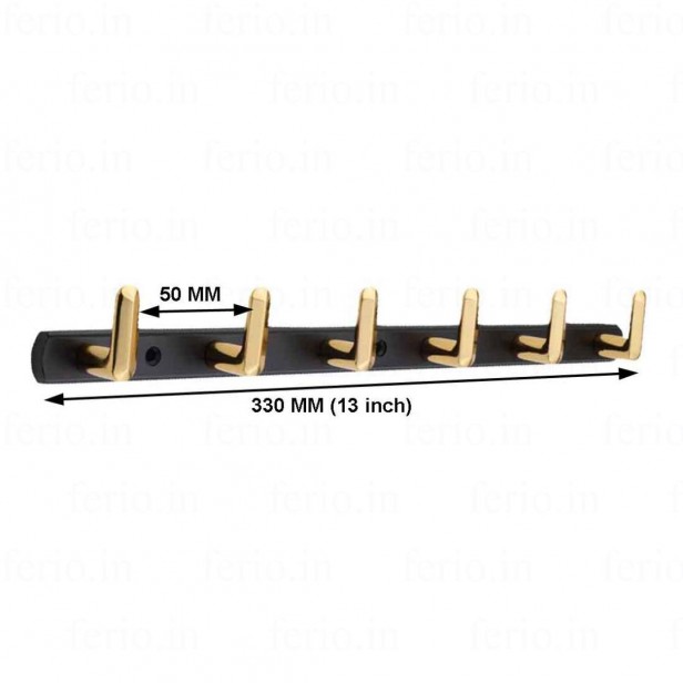 Ferio 6 Pin Bathroom Cloth Hooks Hanger Door Wall Bedroom Kitchen Multipurpose Use For Robe Hooks Rail for Hanging Clothes, Towel Black & Gold (Pack Of 1)