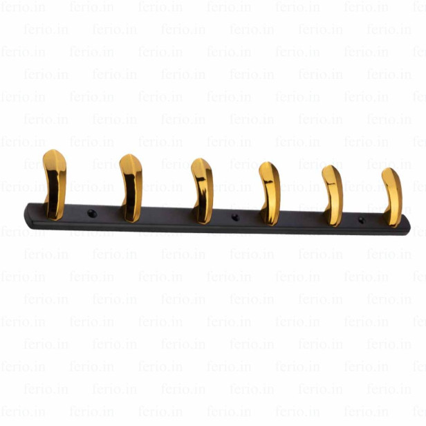 Ferio Zinc 6 Pin Heavy Duty Bathroom Cloth Hooks Hanger Wall Bedroom Bathroom Robe Hooks Rail for Hanging Keys, Clothes, Towel Hook Black & Gold Finish (Pack Of 1)