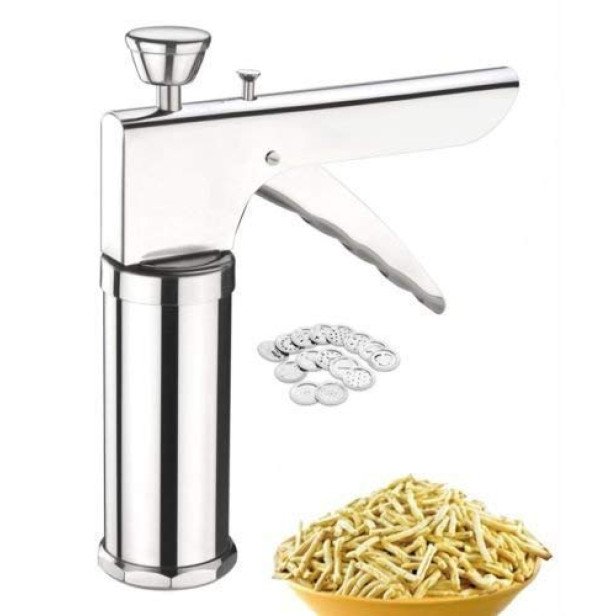 Ferio Stainless Steel Kitchen Press with 15 Different Types of Jalies, Murukku Maker/Bhujiya Maker/Noodles/Cookies/Namkeen/Chakli Maker/Sev Maker/Farsan Maker/Gathiya Maker (Pack Of 1 -Silver)