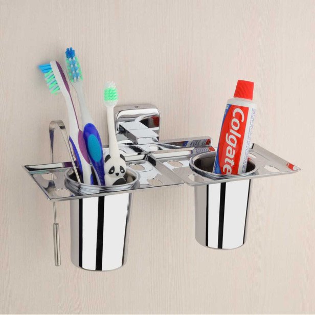 Ferio Stainless Steel Double Tumbler Holder/Toothbrush Holders for Bathroom/Tumbler Holder Steel/Bathroom Accessories-Chrome Finish