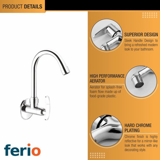 Ferio Full Brass Wall Mounted Sink Tap Cock for Single Lever Cold-Only Kitchen Faucet Chrome Finish Wash Basin Sink Cock Taps with Swivel Spout Foam Flow 15mm with flange Pack of 1