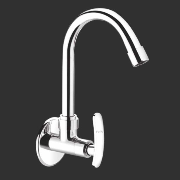 Ferio Full Brass Wall Mounted Sink Tap Cock for Single Lever Cold-Only Kitchen Faucet Chrome Finish Wash Basin Sink Cock Taps with Swivel Spout Foam Flow 15mm with flange Pack of 1