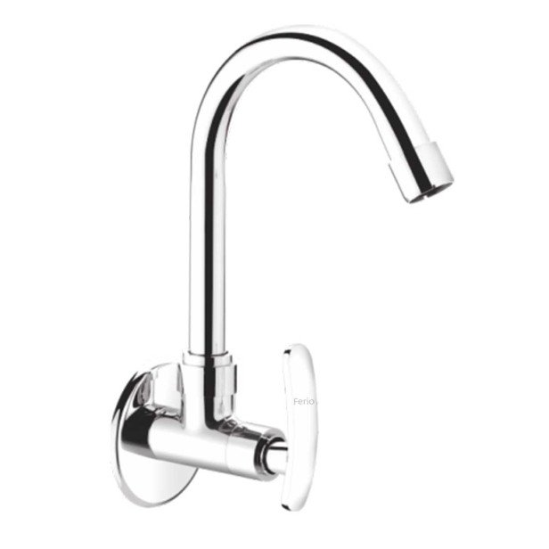 Ferio Full Brass Wall Mounted Sink Tap Cock for Single Lever Cold-Only Kitchen Faucet Chrome Finish Wash Basin Sink Cock Taps with Swivel Spout Foam Flow 15mm with flange Pack of 1