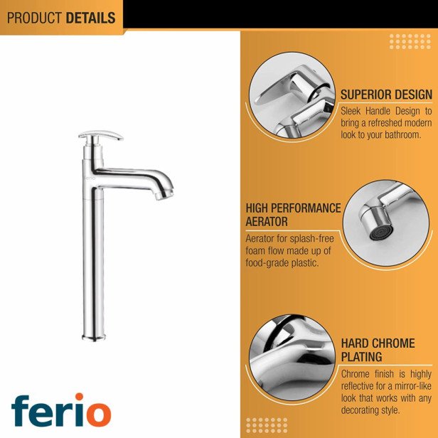 Ferio  Brass Chrome Finish Deck-Mount Single-Handle Wash Basin Tall Body Tap Pillar Cock Premium For Kitchen And Bathroom Faucet With Swivel Spout Pack Of 1