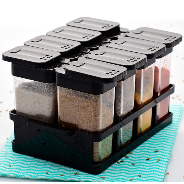 Ferio Modern Kitchen 8 Pcs Sets Airtight Rasoi Box Spice Box / Rack / Dani / Box / Container / Jar / Dabba / Multipurpose / Set For Masala / Spices Easy Flow Spice Storage Container with Tray (BLACK)