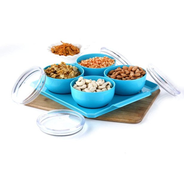 Ferio 450ML Bowl Set With Tray Snacks Serving Bowls With Tray - Airtight And Lids - Food Grade Plastic Dry Fruits/Snacks Container Storage For Home (Pack Of 4 Bowl And 1 Tray, Blue)