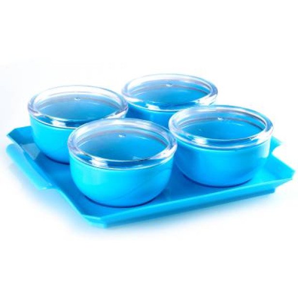 Ferio 450ML Bowl Set With Tray Snacks Serving Bowls With Tray - Airtight And Lids - Food Grade Plastic Dry Fruits/Snacks Container Storage For Home (Pack Of 4 Bowl And 1 Tray, Blue)