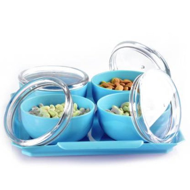 Ferio 450ML Bowl Set With Tray Snacks Serving Bowls With Tray - Airtight And Lids - Food Grade Plastic Dry Fruits/Snacks Container Storage For Home (Pack Of 4 Bowl And 1 Tray, Blue)