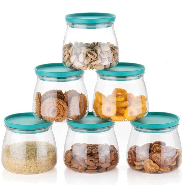 Ferio 900ml New Airtight Container Jar Set For Kitchen , Kitchen Organizer Container Set Items, Air Tight Containers For Kitchen Storage - (Pack of 6, Aqua Green)