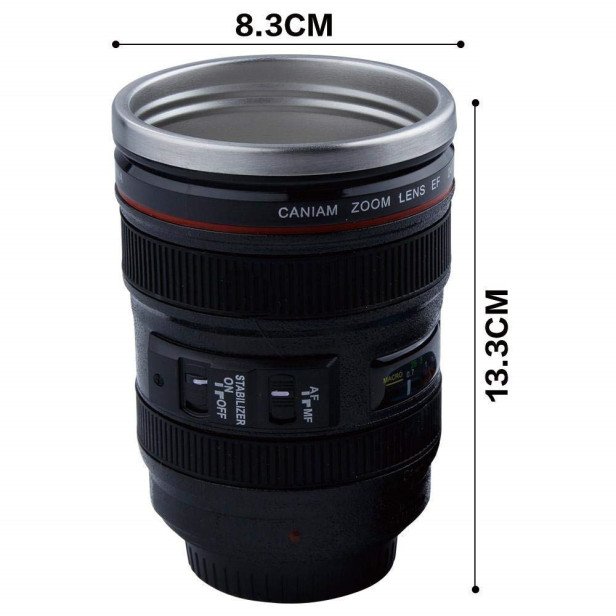 Ferio Super Classic Camera Lens Shaped Coffee Mug with 2 Lids, Steel Insulated | Gifting idea| DSLR Camera Lens Shaped Travel Thermos Cup 350 ML, Black