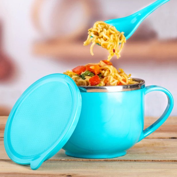 Ferio 700ML Noodle Maggie & Soup Bowl Set With Spoon, Handle | Spoon Holder | Stainless Steel Soup-Tok Container | Bowl And Spoon Set | Food Container (Pack Of 1 - Blue)