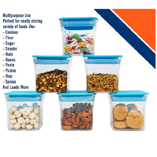 Ferio 600 ML Air Tight Kitchen Storage Container For Rice | Dal | Atta, BPA-Free, Flour | Cereals | Snacks | Stackable | Modular, Round-(Pack Of 6,Blue)