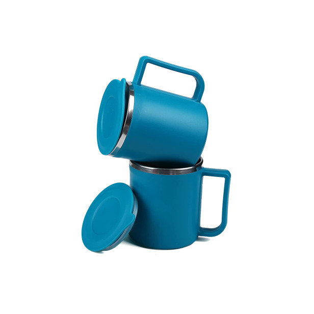 Ferio Steel Coffee Cup with Lid (Plastic Outer) Stainless Steel Coffee Stainless Steel, Plastic Coffee Mug Camping Mugs with Handle, Portable & Easy Clean (Color Blue 200 ml, Pack of 2)