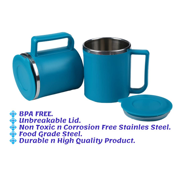 Ferio Steel Coffee Cup with Lid (Plastic Outer) Stainless Steel Coffee Stainless Steel, Plastic Coffee Mug Camping Mugs with Handle, Portable & Easy Clean (Color Blue 200 ml, Pack of 2)