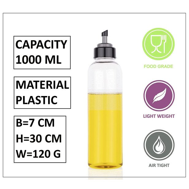 Ferio Food-Grade Plastic 1000ML Plastic Oil Dispenser Pour for Cooking for Olive Oil, Vinegar, Liquid Beverages for Kitchen with Airtight Dispenser Lid, Transparent, Large (Pack of 1)