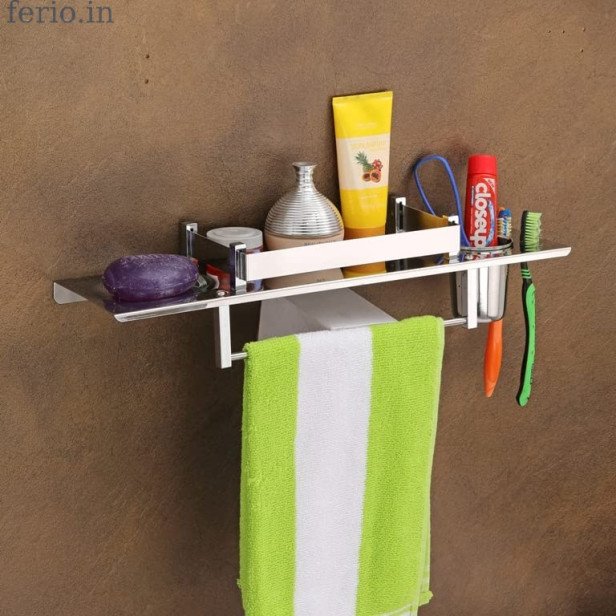 Ferio Stainless Steel 4 In 1 Multipurpose Bathroom Shelf/Rack/Towel Hanger/Tumbler Holder/Soap Dish/Bathroom Accessories (18 X 5 Inches) - Pack Of 1