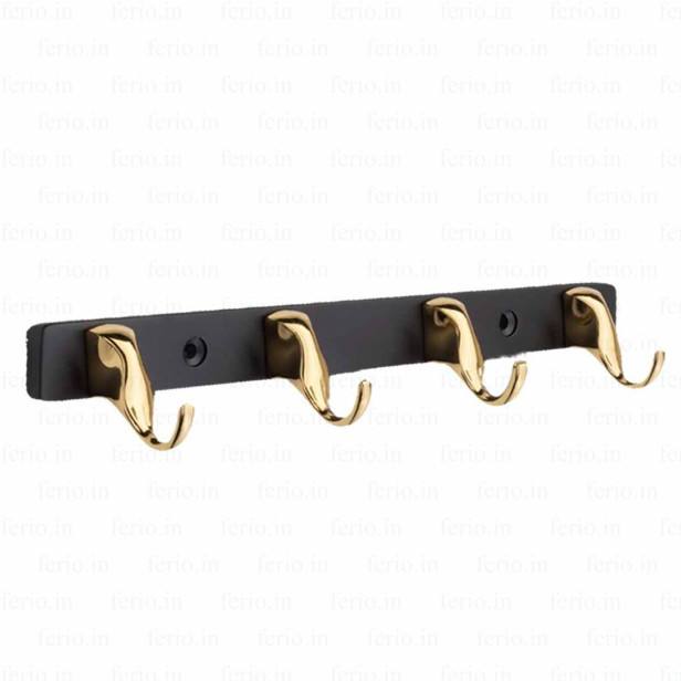 Ferio 4 Pin Zinc Bathroom Cloth Hooks Hanger Door Wall Bedroom Bathroom Robe Hooks Rail for Hanging Keys, Clothes, Towel Hook (Gold nd Black ) (Pack of 1)