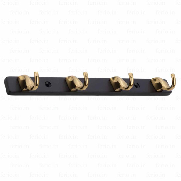 Ferio 4 Pin Zinc Bathroom Cloth Hooks Hanger Door Wall Bedroom Bathroom Robe Hooks Rail for Hanging Keys, Clothes, Towel Hook (Gold nd Black ) (Pack of 1)